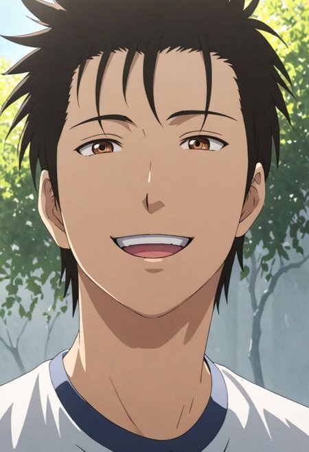 Highres, Masterpiece, High Quality, 4K, 8K, solo, 1Boy, Soujirou Agata, brown eyes, black hair, sunny weather, sunshine, potrait, laughing, looking at viewer, easynegative, detailed_eye_model