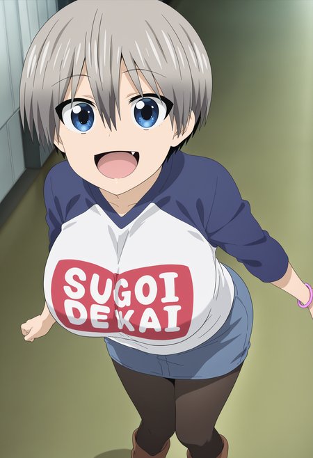 masterpiece,best quality,amazing quality, official anime artwork, screencap, anime screencap,  <lora:Hana_Uzaki_Uzaki-chan_Wants_to_Hang_Out_-_Illustrious:1>, 1girl, solo,  gray hair, bangs, hair between eyes, blue eyes, large breasts, fang, Hana sugoi dekai shirt outfit, raglan sleeves, denim skirt, pantyhose, clothes writing, romaji text, bracelet, brown footwear, boots, looking at the viewer, big smile, happy girl