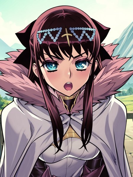 <lora:happy_tentacle-elseria-v0.5-000020>, ht_elseria, cape, fur-trimmed cape, circlet, hair bow, outdoors , 1girl, solo, portrait , , (torogao :1), , , bent over, downblouse , facing viewer , score_9, score_8_up, score_7_up, score_6_up, score_5_up, score_4_up, source_anime, anime screencap