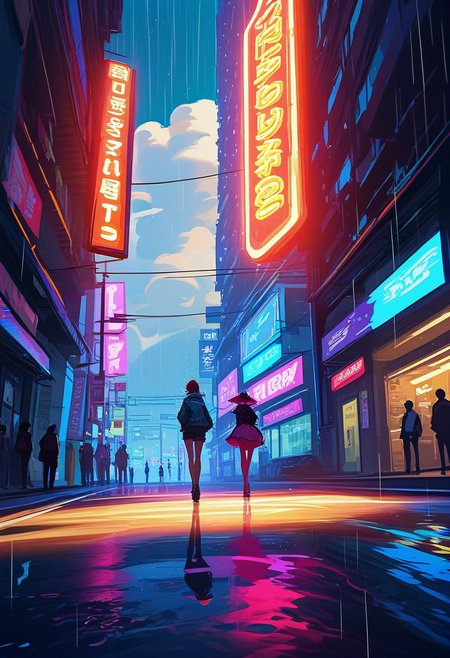 score_9, score_8_up, digital painting, concept art, brush strokes, painterly, extremely detailed, asymmetric shot, dynamic composition, dynamic poses, elegant, 2D, cinematic shot, anime screencap, asymmetric composition,
cyberpunk city street in Neo-Tokyo, architectural, perfect strokes, bustling crowd with futuristic attire, neon signs in vibrant pinks, blues, and purples, reflective wet pavement,from bottom right, camera angle low to the ground capturing the bustling energy, bright neon glow illuminating details on towering skyscrapers, japanese font billboards, shops with yellow light inside, intricate holographic advertisements projected above, fog rising from manholes, rain droplets on camera lens for a cinematic effect, light bloom, serene, oil painting, high contrast 
<lora:EP Vibrant Digital painting:0.5>