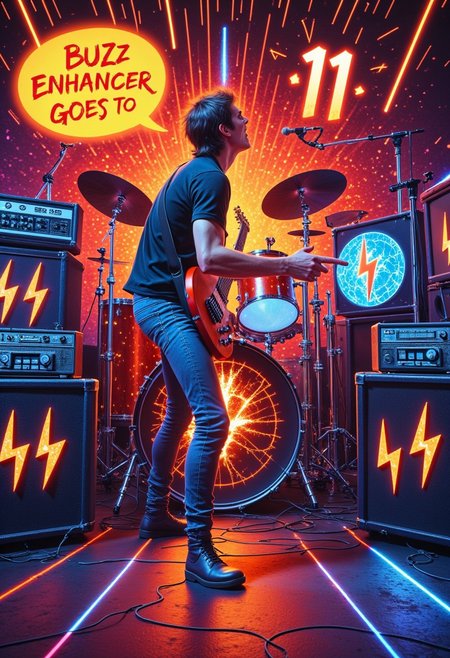 A wildly charismatic rock and roll band studio scene comes to life in vivid detail: amplifiers adorned with small lightning bolt symbols hum with electric energy, while a guitarist points enthusiastically at a buzzing buzz enhancer. The prominent speech bubble reads "Buzz Enhancer goes to 11!" This visually stunning painting captures the essence of rock and roll spirit in vibrant colors and dynamic lines. The band members exude an effortless coolness, their musical prowess evident in every detail. The image radiates a sense of energy and excitement, drawing viewers into the dynamic world of music and performance.