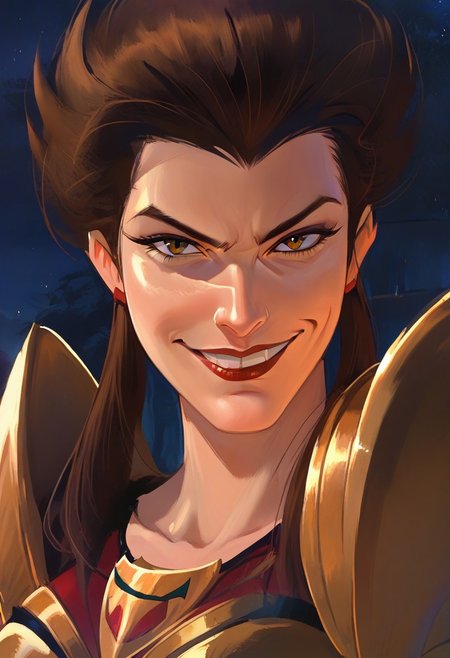 score_9, score_8_up, score_7_up, 1girl, solo, hy3nagarg, armor, night, brown hair, close up, evil smirk,