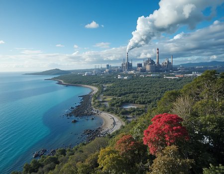 alien world with exotic plants and trees in variety of colors, bright blue sky, crystal clear blue ocean on the left.  On right a heavy industrial factory sits with heavy pollution and smoke giving a contrasting look to the surrounding.  Displays the conflicts between preserving nature and industrial expansion 
 <lora:Phlux:0.5> <lora:CinematicStyleFlux_v1:1>