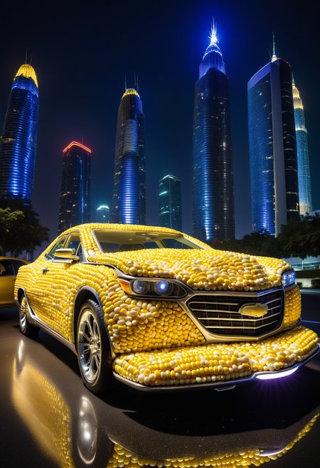 a Car made of corn kernels in an ultra-modern city at night, with floating cars, neon lights and futuristic skyscrapers ,Jed-CornK   <lora:CornKernelStyle-000006:0.5>