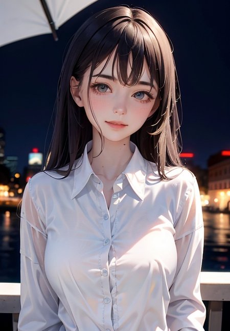 1girl,solo,looking at viewer,playful,small_breasts,slim body,dynamic angle, (8k, best quality, masterpiece:1.2), (realistic, photo-realistic:1.37), ultra-detailed, 1 girl,cute, solo,beautiful detailed sky,detailed cafe,night,sitting,dating,(nose blush),(smile:1.15),(closed mouth) small breasts,beautiful detailed eyes,(collared shirt:1.1), night, wet,business attire, rain,white lace,floating hair NovaFrogStyle,