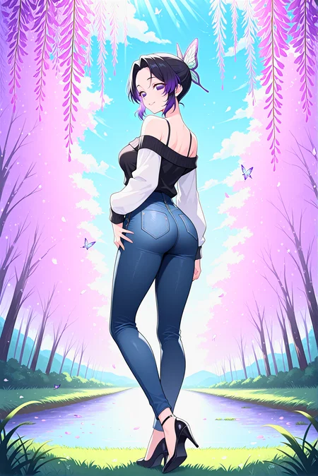 beautiful detailed eyes, masterpiece, best quality, intricate details, absurdres, 1girl, solo,
<lora:P-IL-ShinobuKocho:1>, sh1n0bu, black hair, purple bangs, short hair, purple eyes, butterfly hair ornament,
tight jeans, denim, black sweater, off shoulder, bare shoulders, long sleeves, white sleeves, butterfly sleeves, 
pointed-toe heels, high heels, stiletto heels, strappy stilettos,
medium breasts, lower lips, beutifull lips, smile, no pupils, looking at viewer, 
standing, posing sexy, hips tilted, hand on hip, from behind, ass, 
meadow, weeping willow, butterflies, soft sunlight, petals, stream, greenery, tranquil glow, blue sky, clouds,