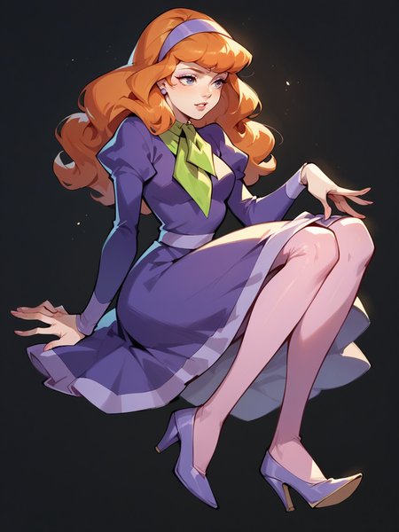 score_9, score_8_up, score_7_up, score_6_up, score_5_up,  <lora:DaphneBlakeXLP:0.6> daphne blake, 1girl, solo, hairband, long hair, pantyhose, orange hair, dress, high heels, black background