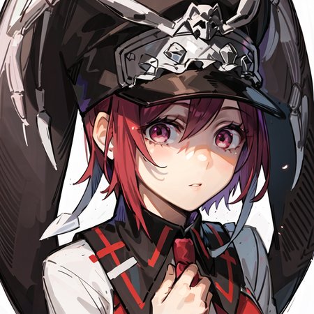 (masterpiece, best quality, high resolution),1girl, valentinems, solo , hat , necktie,long sleeves,upper body,   <lora:ValentineMS:0.8>