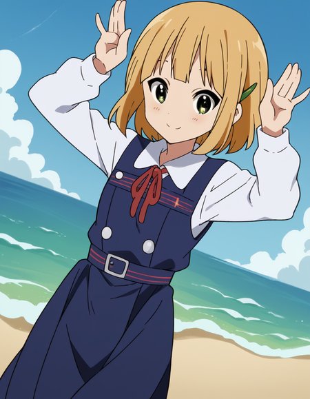 score_9, score_8_up, score_7_up, source_anime, <lora:midori-tokiwa-s1-ponyxl-lora-nochekaiser:1>, midori tokiwa, short hair, blonde hair, hair ornament, green eyes, hairclip,, school uniform, pinafore dress, ribbon, red ribbon, long sleeves, blue dress, buttons, long skirt,, beach, sand, waves, sun, ocean, smile, <lora:rabbit-pose-ponyxl-lora-nochekaiser:1>, rabbit pose, smile, blush,, looking at viewer, solo,, dutch angle, cowboy shot
