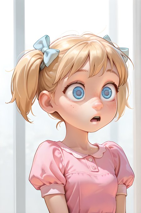 masterpiece, best quality, amazing quality,
 <lora:DisneyStudios_style:1>
1girl, solo, light blue eyes, blonde hair, short hair, twintails, cute, big eyes, small nose, freckles, hair bow, small breasts, upper body,
shock, open mouth,
pink dress, puffy sleeves,