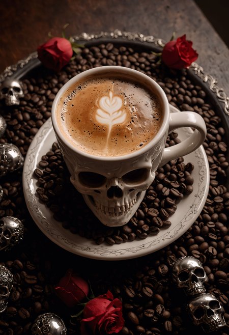 __High-angle shot__
__In the style of Gothic__
an inviting gothic [skull-shaped:0.2] ((((giant huge coffee cup))))+++, Intricate design, (with metallic silver ornaments:1.5), amidst scattered (roasted juicy coffee beans)++ and is accompanied by a (single __Blood Red__ __rose__)+++, captured by a __Canon EOS R6 Mirrorless Camera__ with soft natural lighting, (masterpiece, award winning artwork) many details, extreme detailed, full of details, Wide range of colors, high Dynamic <lora:add-detail-xl:1> <lora:WildcardX-XL-Detail-Enhancer:0.9> <lora:aidma-Image Upgrader-v0.1:1> <lora:SDXLFaeTastic2400:0.085> <lora:MJ52:0.185> <lora:sinfully_stylish_SDKL:0.11> <lora:casting shadow style v2:0.1> <lora:CinematicStyle_v1:0.42> casting shadow style, cucoloris patterned illumination