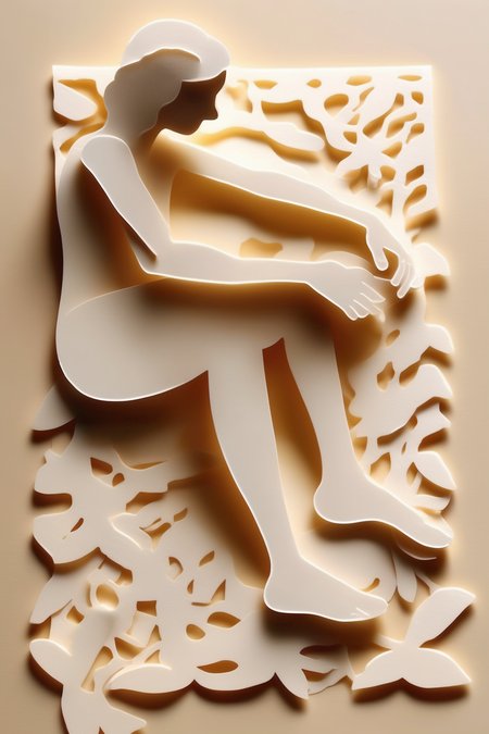 <lora:KIRIGAMI:1>KIRIGAMI - Unrecognisable young woman rubbing moisturising cream on her legs sitting on bed Paper cut style