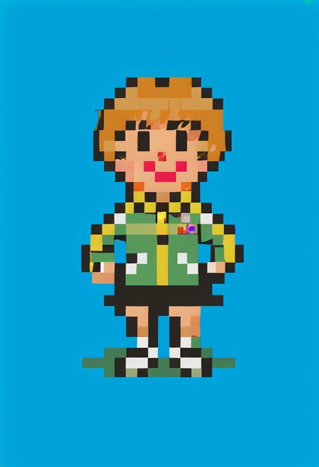 score_9, score_8_up, score_7_up, source_anime, 1girl, smile, <lora:EarthboundSpriteStyle-pdxl:1> pixel art, full body, standing, chibi, looking at viewer, blue background, <lora:zs_ChieXL:1> chiedef, brown hair, short hair, brown eyes, track jacket, skirt, houndstooth, black shorts, white footwear