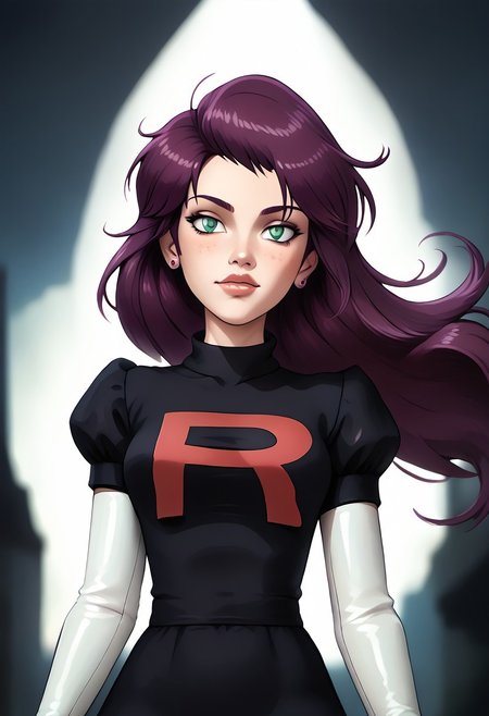 score_9, score_8_up, score_7_up, score_6_up, PRSNL_3_1, uncensored, pupils black dots, lips,
upper body, best quality, masterpiece, 4k, realistic, warm light,
PMMiyamoto, team rocket, floating hair, purple hair, bangs, green eyes, orange earrings, aged up,
black dress, puffy sleeves, elbow gloves, white gloves, white thighhighs, thigh boots,