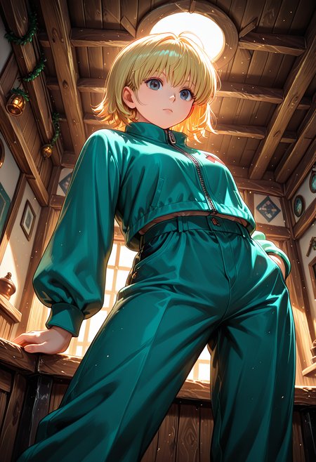 masterpiece, best quality, 32k, high resolution, absurdres 
1girl, solo, Borksen, h_borksen, hunter x hunter, official art, dark grey eyes, short blond hair, long sleeves,full turquoise clothes, bangs, turquoise pants, turquoisejacket,
dynamic pose, standing, posing, expressionless
indoors, room in wooden ship, decorations
from below, light particles, dynamic angle,  cinematic angle, various angles, detailed background, beautiful background, (rays light:1.0),(grow:1.0) vivid colors, shiny and glossy, anime style, high-res, beautiful aesthetic, very intricate, high-quality details, vibrant, 
<lora:add-detail-xl:1.10> <lora:spo_sdxl_10ep_4k-data_lora_webui:0.95> <lora:noobai_ep11_stabilizer_v0.138_fp16:0.6> <lora:StS-Illustrious-Detail-Slider-v1.0:1.10> <lora:cfg_scale_boost:0.95> <lora:nyalia:0.20>  <lora:HUNTERHUNTER___Morena_____borksen:1>