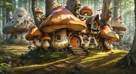 landscape, fantasy, forest, magical, photography, stvmccrr, style, rpgartworkstyle, giant mushroom house, fantasy, rpg, rpgartworkstyle, artwork, detailed, <lora:MJ52:.3>, <lora:CinematicStyle_v1:.45>, <lora:stvmccrr:.6>, <lora:RpgArtworkStyle_v1:0.9>, <lora:add-detail-xl:1>