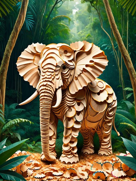 a ais-pencilshavings elephant, stood in a clearing in the jungle <lora:Pencil_Shavings_Style_SDXL:1>  <lora:EnvyBetterHiresFixXL01:0:hr=1>