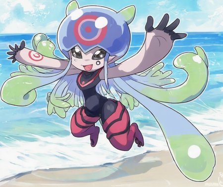 1girl,full body,outdoors,solo,a jellymon at the beach,anime,  <lora:JellymonXL:0.9>