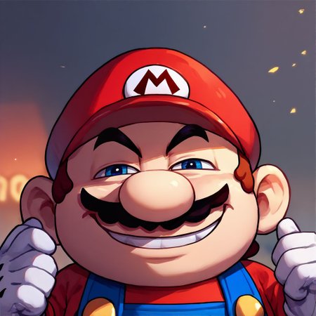 score_9, score_8_up, score_7_up, source_anime, solo,  Mario, red m cap, blue overalls, white gloves, IncrsAnyasHehFaceMeme, grin, face focus