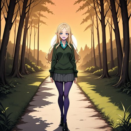score_9, score_8, BREAK, solo, 1girl, light blonde hair, long hair, blue eyes, bags under eyes, slightly pointy ears, purple lips, lipstick, dark green sweater, cyan collared shirt underneath, dark grey skirt, indigo tights, black loafers, DawnTD, cute, sexy pose, self portrait, smile, looking at viewer, outdoors, sunlight, shadows, evening lighting, natural lighting, forest, trees, grass, orange sky, sunset