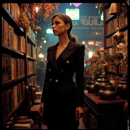 futuristic style neon noir surrealist art analog photography, analog photo, a bewitching beauty stands amidst shelves of ancient tomes and mystical artifacts, donning a striking modern elegant black women's suit. Amidst the magical library studio, she poses effortlessly, surrounded by worn grimoires, bubbling cauldrons, and an assortment of alchemy bottles and crafting witch tools. Soft candlelight casts a warm glow on her enchanting features as she gazes out, lost in thought among the mystical relics. Shot by Kodak Brownie.  <lora:Riley_Voelkel:1> rileyv . dreamlike, mysterious, provocative, symbolic, intricate, detailed . cyberpunk, dark, rainy streets, neon signs, high contrast, low light, vibrant, highly detailed . sleek, modern, ultramodern, high tech, detailed