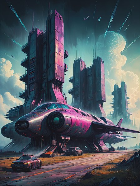 impactful color paint of (futuristic:1.5) a huge military factory made of steel, glass, fog, sun, in the clouds, , futuristic military planes, moody tones, old book style ink cover illustration, on parchment    <lora:Bold_Pop:0.65>  highly detailed, vibrant colors , 8k, sharp, professional, clear, high contrast, high saturated, , vivid deep blacks, crystal clear