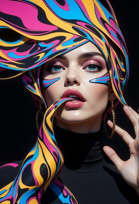 The image features a highly stylized, close-up view of a beautiful woman's face. The central focus is on the lips and tongue, with the lips painted in a bold pink color. The tongue is decorated with a psychedelic design, featuring swirling patterns and bright colors like pink, purple, blue, yellow, and green. These colors give a dynamic, trippy effect to the tongue, creating an almost surreal appearance. The face's surrounding area is dark with abstract shapes and bursts of colorful paint that seem to extend outward from the figure's mouth. The overall composition emphasizes vivid, bold colors and geometric, organic patterns that evoke a sense of movement and energy. The details are smooth and glossy, giving the subject a polished, almost digital look.