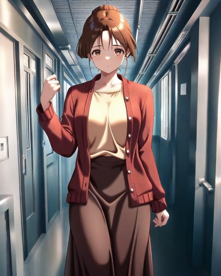 masterpiece,best quality,amazing quality,very aesthetic,absurdres,newest,scenery,<lora:Mori Misato_ilxl_v1-000010:1>,1girl,solo,brown hair,brown eyes,cardigan,single hair bun,hair bun,red jacket,long sleeves,looking at viewer,collarbone,open clothes,mori misato,standing,looking at viewer,brown skirt,long skirt,