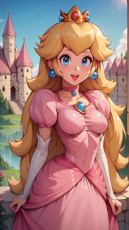score_4,score_5,score_6,score_7_up,score_8_up,score_9 BREAK <lora:Princess_Peach_Shiny_Style_V3.0:0.6>,princess peach,1girl,solo,jewelry,earrings,long hair,breasts,very long hair,big hair,choker,pink dress,medium breasts,:d,outdoors,smile,open mouth,shiny,shiny skin,castle,puffy sleeves,
