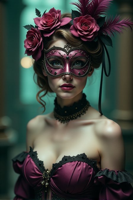 nobless with venetian mask, rococo, big breasts, hyperdetailed, bokeh, carnveal scenery, monochrome masterwork, glimpses of teal and pink, soft but rim light, mysteriousâââ