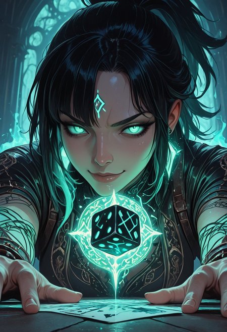 (masterpiece), (best quality), 8k, 1girl, dramatic foreshortening, view from table-level looking upward, confident smirk, throwing large glowing dice toward viewer, dice very close to the foreground, perspective distortion, waist-up composition, glowing tattoos on arms and neck, magical aura, floating playing cards in the air, cinematic fantasy lighting, dark mystical casino vibe, arcane runes swirling around, asymmetrical hairstyle with glowing tips or high ponytail, leather outfit with ornate embroidery, glowing eyes, windblown hair, glowing earrings, focused intense expression, glowing dice trail effect,