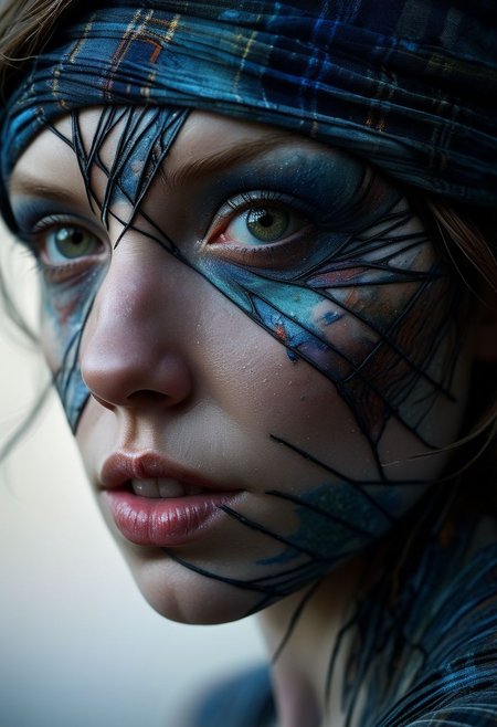 Close-up face, mysterious silhouette of a scottish woman in worn down clothing, goddess, alluring, by Minjae Lee, Carne Griffiths, Emily Kell, Steve McCurry, Geoffroy Thoorens, Aaron Horkey, Jordan Grimmer, Greg Rutkowski, amazing depth, double exposure, surreal, geometric patterns, intricately detailed, bokeh,  perfect balanced, deep fine borders, artistic photorealism , smooth,  great masterwork by Suiras  <lora:add-detail-xl:2>  <lora:Double_Exposure:0.5>