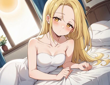 score_9, score_8_up, score_7_up, source_anime, <lora:nanatsu-elaine-s2s3-ponyxl-lora-nochekaiser:1>, elaine, long hair, blonde hair, yellow eyes,, dress, white dress, collarbone, bare shoulders, sun dress,, indoors, bed, bed room, on side, blush, drunk, looking at viewer, solo,, cowboy shot, dutch angle