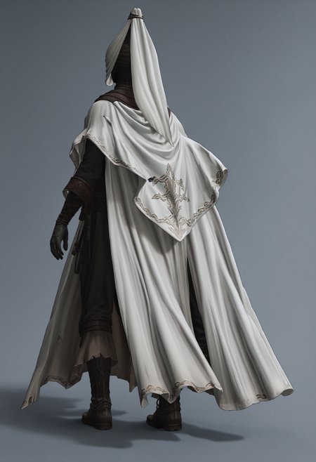 score_9, score_8_up, score_7_up, score_6_up, score_5_up, score_4_up, 1girl,  <lora:NoxSwordstress:0.85> solo, colored skin, black skin, faceless, veil, helmet, armor, cape, cloak, gloves, boots, full body, view from behind, standing,
(light blue background:1.15), simple background,