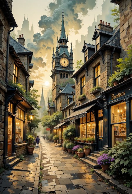 A dinkfsn style ink wash painting 
A scene of the High Street of Edinburgh at sunset, soft luminous realism, dramatic atmosphere, glowing rich textures, rich oil-paint detailing, contrast between light and shadow, misty and romantic environment, gentle emotional expression, stormy epic cloudy skies.
Rich colors, color palette of green, gray, mahogany and violet. Highlights of orange light in the windows and streetlights.