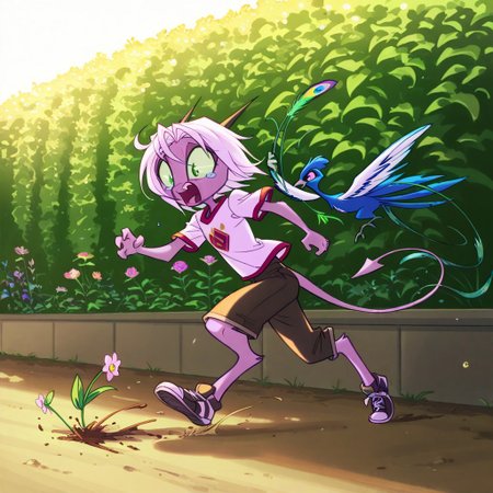 score_9, score_8_up, score_7_up,namah_calah,
1girl,solo,furry,tail, source_furry,horns,
 ,<lora:namah_calah_illustrious:0.8>,
child, kid, 
Chasing a rooster Through a Garden, peacock, chasing, garden, shorts, shirt, sneakers, sunlight, flowers, feathers, panting, bushes, wild_run, bright_tones, sprinting after a rooster, shorts and sneakers tearing through a flower garden, its feathers trailing as she pants and lunges