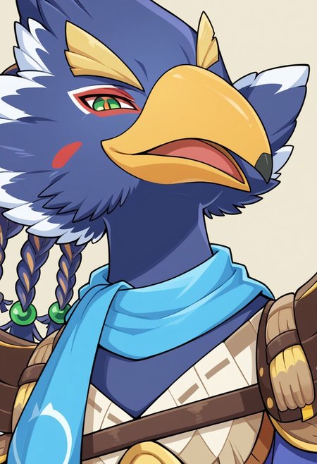 best quality, newest, absurdres, highres,solo,Anthro,bird,revali,green eyes,blue fur,beak,face focus