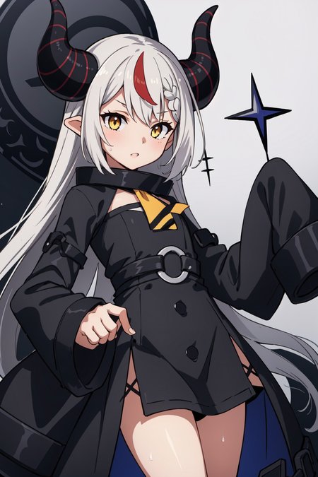 (masterpiece, best quality),  intricate details, 8k, artstation, wallpaper, official art, splash art, sharp focus,
1girl,   <lora:la+ darknesss:0.8> la+ darkness, black coat, black dress, white sleeves, sleeves past finger, sleeves past wrists, horns,