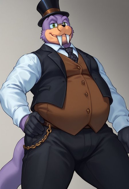score_9, score_8_up, score_7_up, furry male, Rotor the walrus, green eyes, fangs, furry,  furry anthro, 1930's hotel lobby, dutch angle, posing, 1930's fancy clothes, refined looking, (((dutch angle, posing, from below))), walrus, fat, overweight, walrus tusks, squinting eyes, large white handlebar mustache, smile, solo, 1boy, male focus, <lora:pony_monocles-step00000800:1>,(monocle),round eyewear, top hat,, suit, gloves, furry male, mustache, necktie, a robber-baron wearing a monocle on a chain on his left eye, top hat, white shirt, black vest from 1900 holding a pocketwatch, standing
BREAK
ambient light, (masterpiece:1.2), (highly detailed:1.2), (intricate:1.2), (best quality:1.2),(8k:1.2), (sharp:1.2), (majestic:1.2), natural lighting, detail++