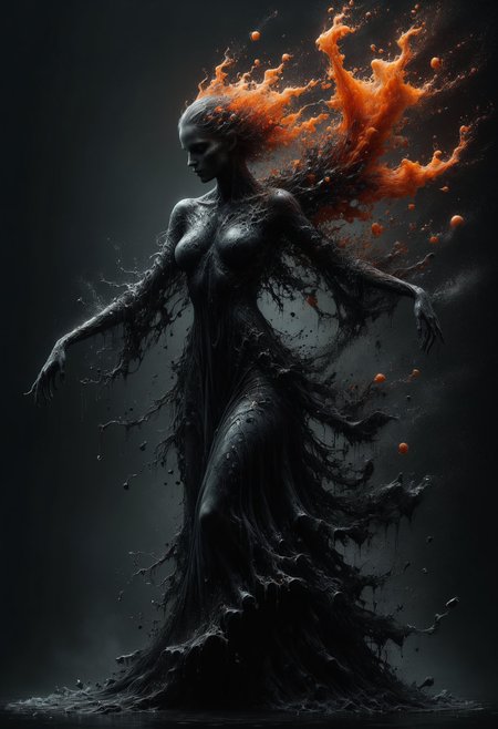 photorealistic masterpiece by Aaron Horkey and Jeremy Mann, Mysterious, totally black screen, totaly black BG, absolutely nothing, pure darkest orange, detailed, but the dancing grim female silhouette, Luminescence uniform, (transparent dress strand spiral flows down:0.6), slow motion, (Futuristic climbing vine with flowers all around:0.4), <lora:ral-dissolve:0.65> <lora:acidzlime:0.4> <lora:xl_water_dress-1.0:0.5> <lora:Into_Darkness:0.2>