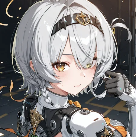 1girl, armor, bangs, blush, braid, eyebrows visible through hair, gloves, hair between eyes, looking at viewer, short hair, silver hair, solo <lora:Soldier 0 - Anby zzz:1>