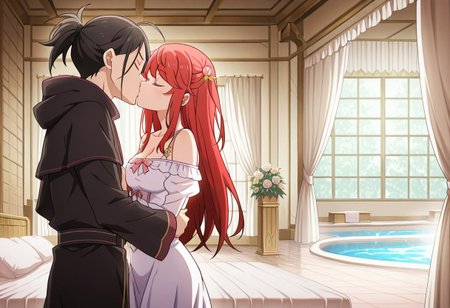 masterpiece, best quality, newest, absurdres, highres, detailed eyes, beautiful, detailed background, perfect eyes, anime coloring, anime screencap,
1girl, 1boy, hetero, facing another, kiss,standing, closed eyes, 
indoors, 
<lora:Theresia_van_Astrea_r1:1>Theresia_van_Astrea,
hair ornament,
long hair,white dress,
red hair,dress,flower,
hair flower,two side up,
t_theresia,red hair, 
white dress,
black hair, 
short ponytail, 
serious male, black dress,
black hood down, palace indoors, large room, bedroom, bathhouse, bed with curtains, large pool, hot water, steam, bed curtains, taking off clothes, tile floor, bath mats, towels, inflatable massage sheet, canopy bed, pillows, blanket, water, pool in center, stripping down, medium breasts, cleavage