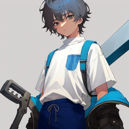 teenager, male, (grey working-clothes), brightness, clear-background, ((1 boy)), {{M-bangs}}, short-hair, dark-blue-hair, messy-hair, (brown-eyes), (90's-anime), flat-shading, smooth-body, looking-far, wince, glove, standing, (masterpiece), (((tareme))), closed-mouth, upper-body, best quality, holding a wrench in right hand