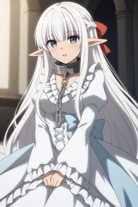 score_9, score_8_up, score_7_up, BREAK source_anime, <lora:Nephelia-PonyXL-lora-faxtron:0.8> nephelia, elf, blue eyes, white hair, long hair, metal collar, white dress, long sleeves, puffy sleeves,