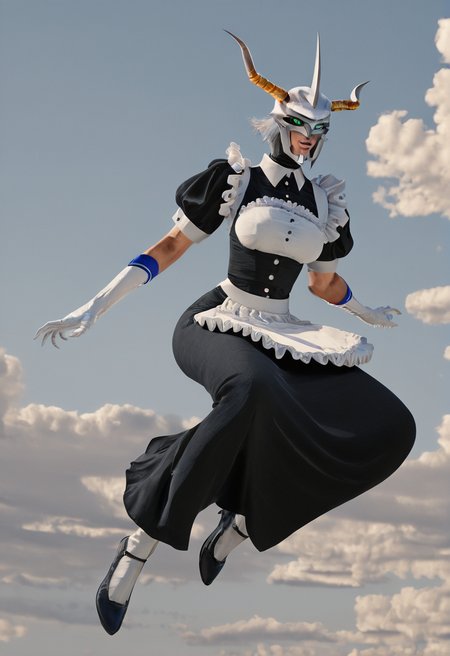 sfw, masterpiece, best quality,absurderes,1girl,solo,omegamon maid,helmet,maid dress,green eyes,crazy eyes,horns,three_horns, full body,flying,outdoors,sky,clouds,source_photo,realistic,photo,cinematic, <lora:Reallustrious_Beta:0.8>