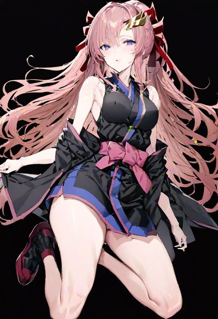 masterpiece, best quality, ultra-detailed, beautiful, nai3, 1girl, solo, full_body, tachi-e, 
lacus clyne, grey eyes, pink hair, long hair, bangs, hair ornament, japanese clothes, black sleeveless kimono, bare shoulders, red hair ribbon