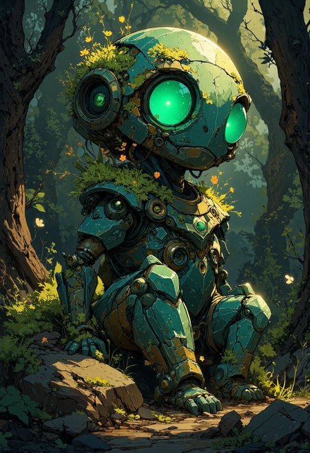 masterpiece, high-quality, hyperdetailed, refined details, best quality, high resolution, A gemstone golem slowly blooming into life, moss and flowers sprouting from cracks in its crystalline body as it awakens, its eyes, initially dull stones, begin to glow with an inner emerald light, dawn light filters through a forest, illuminating the golems nascent awakening, wide shot capturing the golems full form and the blooming flora, Style is  Biomorphic Gemstone Animation, focus on contrasting textures of crystal and organic, gentle and wondrous, sense of slow awakening and natural magic, <lora:FLUX\Anime v1.3:0.5> <lora:FLUX\Emberveil digital painting:0.8> <lora:FLUX\Anime Art V3:0.6>