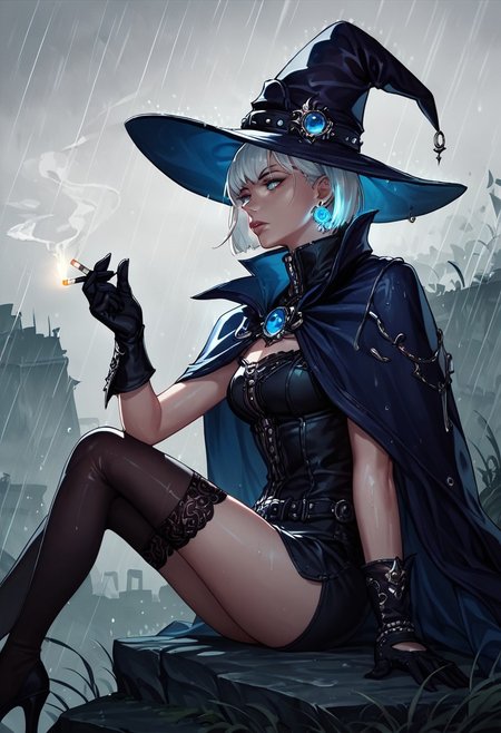 rinotuna, Score_9, score_8_up, score_7_up, score_6 (source_anime, muted_color:1) 1girl, black gloves, black thighhighs, blue eyes, bob cut, cape, cigarette, earrings, from side, gloves, glowing, glowing earrings, hat, high collar, jewelry, lips, nose, outdoors, rain, sitting, smoking, solo, thighhighs, white hair, witch hat