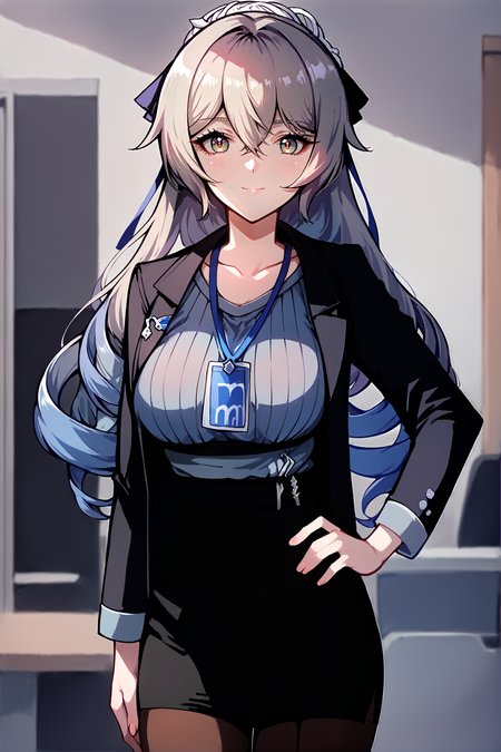 score_9, score_8_up, score_7_up, source_anime,1girl, bronya-OL, solo, pantyhose, pencil skirt, black jacket, id card, striped shirt, standing, hand on hip, cowboy shot, looking at viewer, light smile, office, indoors, depth of field  <lora:Char_Honkai_Bronya_Pony_v1:1>,   <lora:urushihara-lora04_PonyXL:0.7>