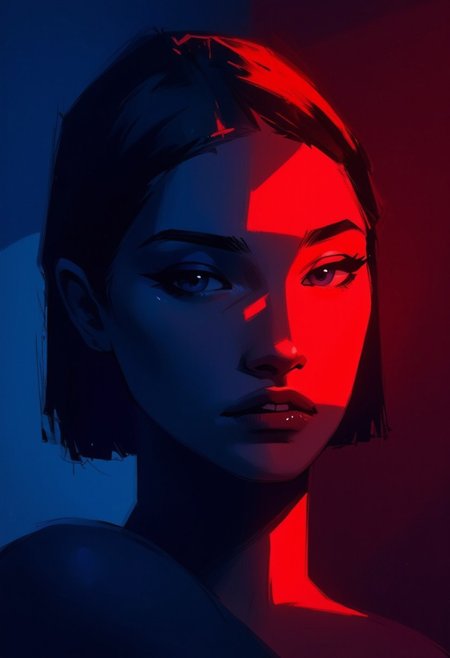 This is a digital art piece, likely created using advanced illustration techniques, featuring a stylized, high-definition painting of a woman's face. The image is bathed in a dramatic, moody lighting that splits the scene into two distinct color schemes: a cool blue light on the left side and a warm red light on the right.